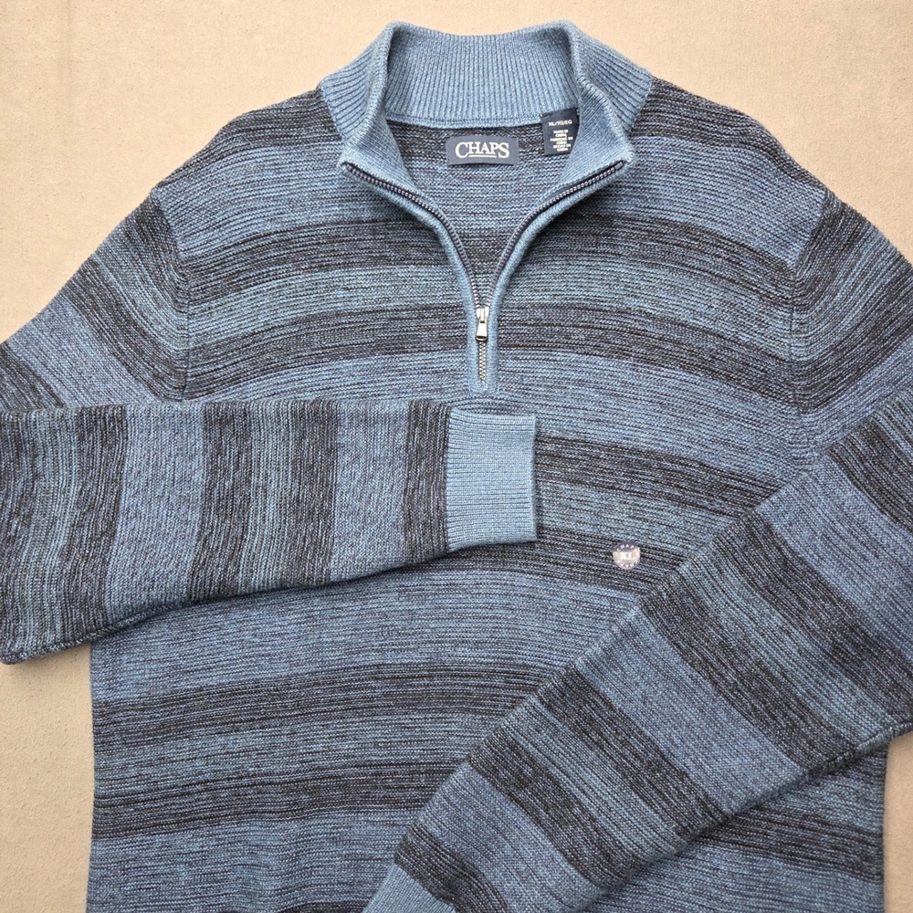 Chaps Mens XL Blue Black Striped Marled Knit Quarter Zip Mock Neck Sweater
